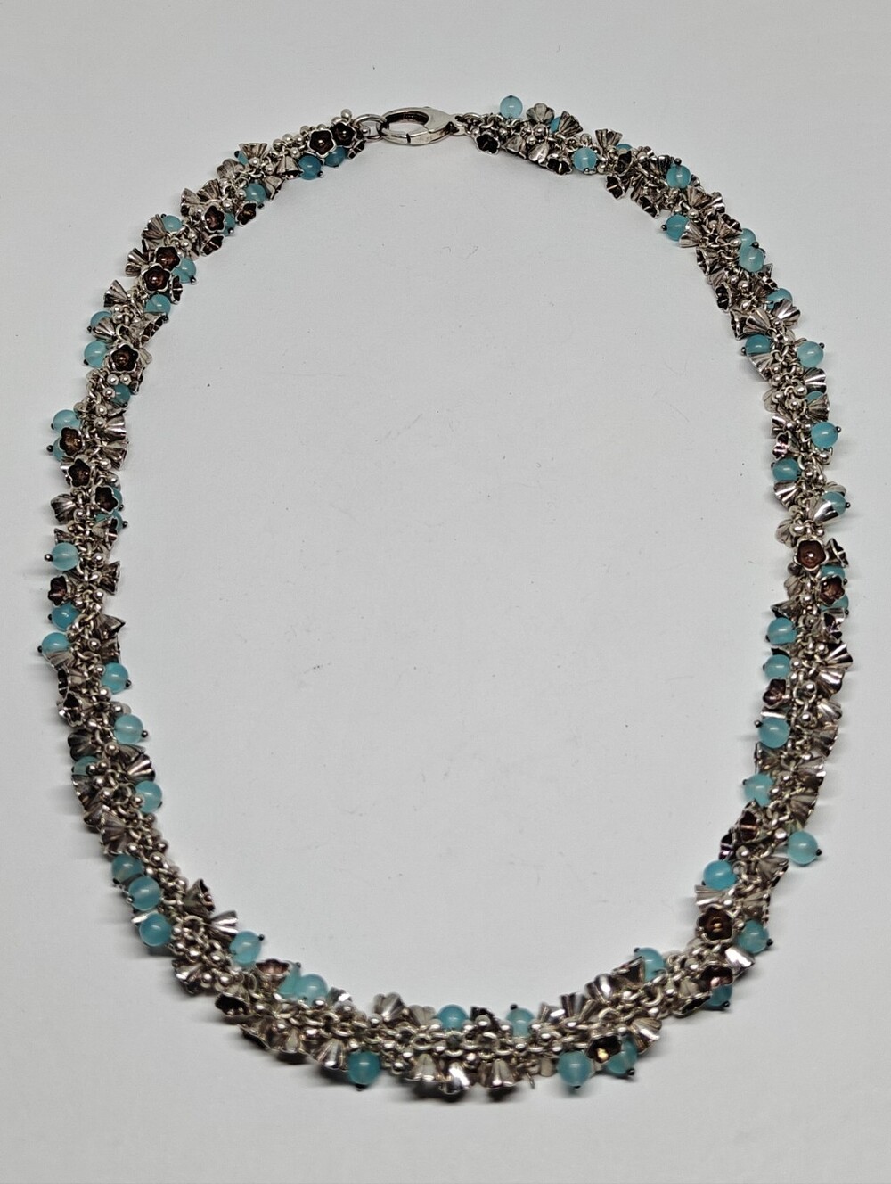 OOAK Sterling Silver Dangling Bell Flowers And Blue Amazonite Stones Necklace